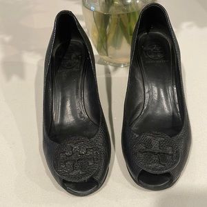 Tory Burch Sally 2 Black Leather Peep-Toe Wedges